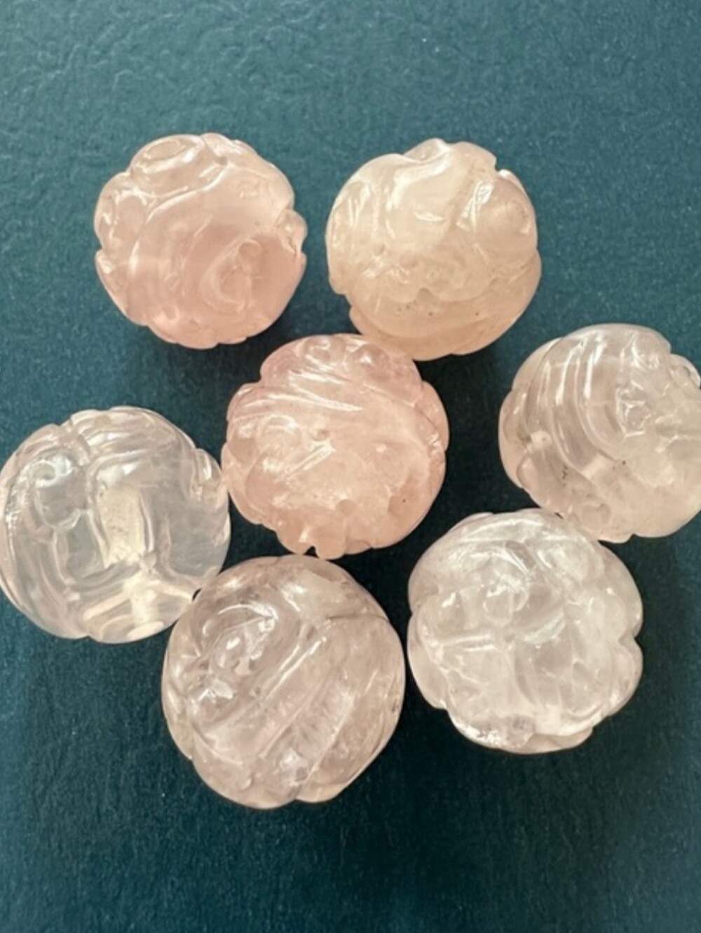 Vintage Rose Quartz Carved Floral Beads - Soft Pink Women Jewelry 7pcs